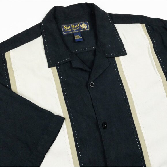 Nat Nast Silk Panel Camp Shirt Men's Large Black Striped Embroidered Bowling - Picture 1 of 12